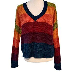 Stony Womens Size M Orange Green Purple Striped Retro Knit Short V-Neck Sweater